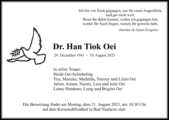 Traueranzeige von Han Tiok Oei von Wetterauer Zeitung
