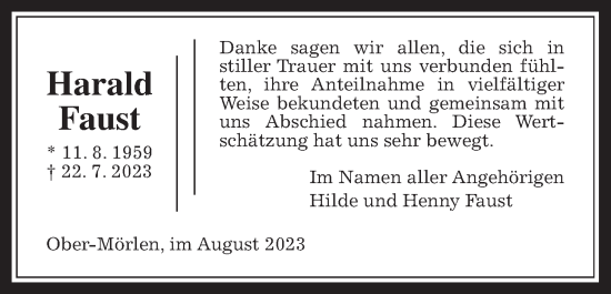 Traueranzeige von Harald Faust von Wetterauer Zeitung