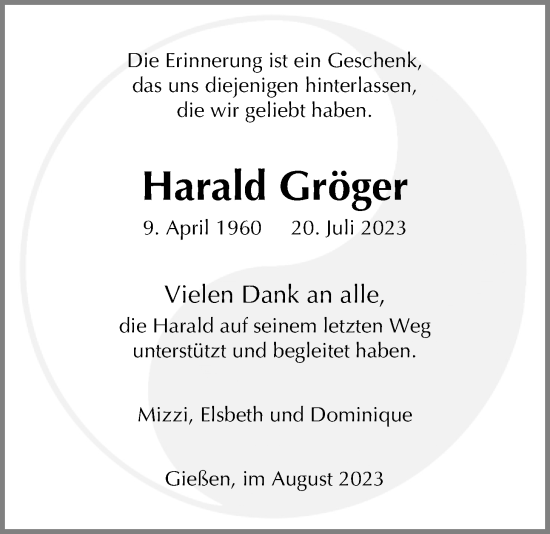 Traueranzeige von Harald Gröger von Giessener Anzeiger, Giessener Allgemeine, Alsfelder Allgemeine