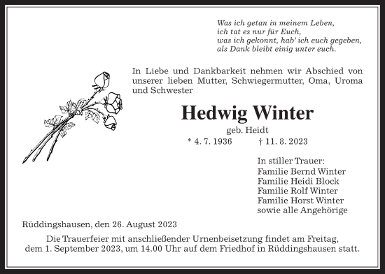 Traueranzeige von Hedwig Winter von Giessener Anzeiger, Giessener Allgemeine, Alsfelder Allgemeine