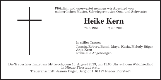 Traueranzeige von Heike Kern von Wetterauer Zeitung