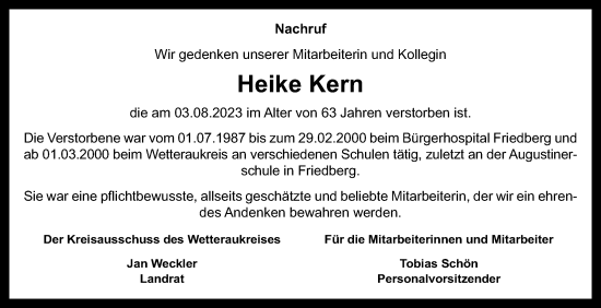 Traueranzeige von Heike Kern von Wetterauer Zeitung, Kreis-Anzeiger, Wetterauer Zeitung