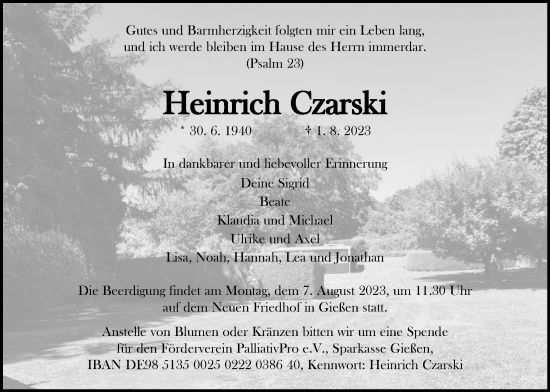 Traueranzeige von Heinrich Czarski von Giessener Allgemeine, Alsfelder Allgemeine, Giessener Anzeiger