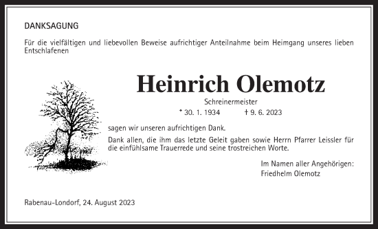 Traueranzeige von Heinrich Olemotz von Rabenauer Zeitung