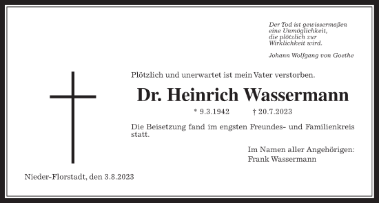 Traueranzeige von Heinrich Wassermann von Wetterauer Zeitung, Giessener Allgemeine, Alsfelder Allgemeine