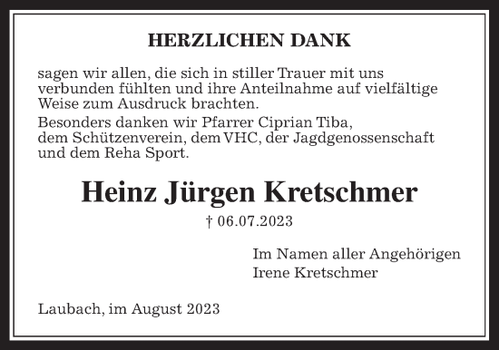 Traueranzeige von Heinz Jürgen Kretschmer von Laubacher Anzeiger