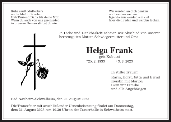 Traueranzeige von Helga Frank von Wetterauer Zeitung
