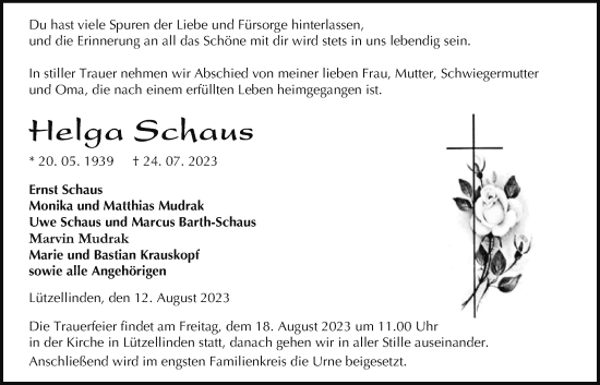 Traueranzeige von Helga Schaus von Giessener Anzeiger