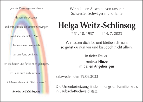 Traueranzeige von Helga Weitz-Schlinsog von Kreis-Anzeiger