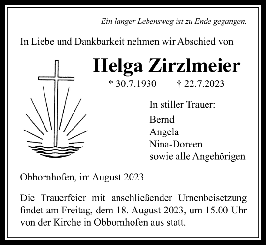 Traueranzeige von Helga Zirzlmeier von Licher Wochenblatt