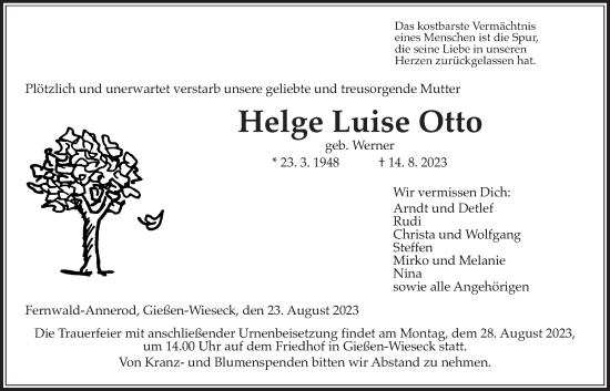 Traueranzeige von Helge Luise Otto von Giessener Allgemeine, Alsfelder Allgemeine