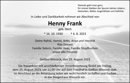 Traueranzeige von Henny Frank von Giessener Allgemeine, Alsfelder Allgemeine, Giessener Anzeiger
