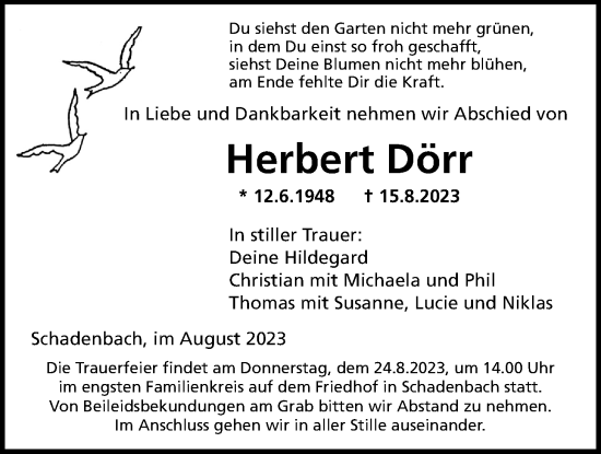 Traueranzeige von Herbert Dörr von Alsfelder Allgemeine