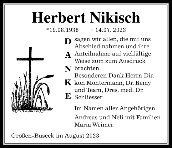 Traueranzeige von Herbert Nikisch von Giessener Allgemeine, Alsfelder Allgemeine, Giessener Anzeiger