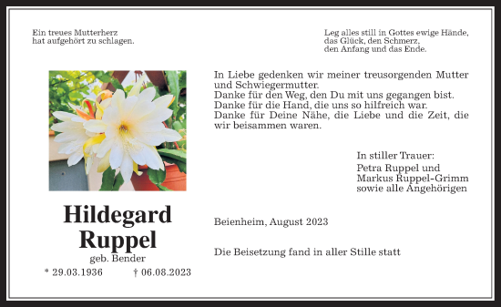 Traueranzeige von Hildegard Ruppel von Wetterauer Zeitung
