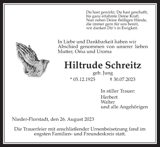 Traueranzeige von Hiltrude Schreitz von Wetterauer Zeitung