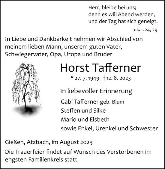 Traueranzeige von Horst Tafferner von Giessener Anzeiger