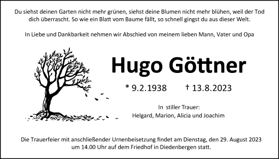 Traueranzeige von Hugo Göttner 