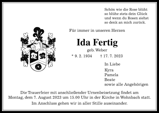 Traueranzeige von Ida Fertig von Wetterauer Zeitung