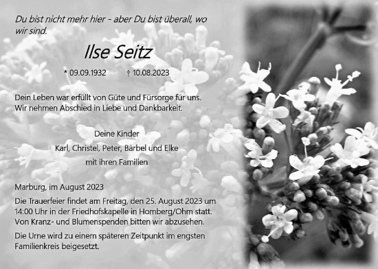 Traueranzeige von Ilse Seitz von Alsfelder Allgemeine