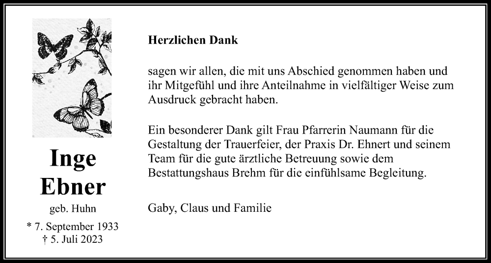  Traueranzeige für Inge Ebner vom 12.08.2023 aus Wetterauer Zeitung
