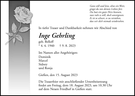 Traueranzeige von Inge Gehrling von Giessener Anzeiger
