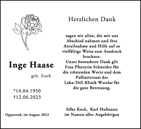 Traueranzeige von Inge Haase von Giessener Anzeiger, Giessener Allgemeine, Alsfelder Allgemeine