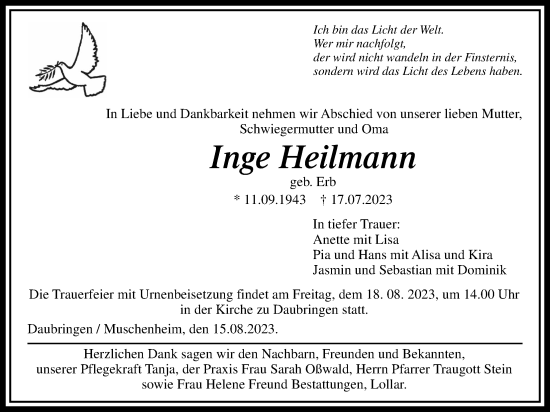 Traueranzeige von Inge Heilmann von Giessener Allgemeine, Alsfelder Allgemeine