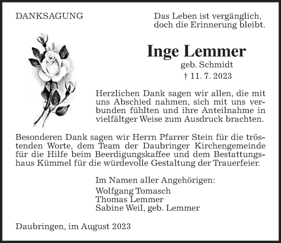 Traueranzeige von Inge Lemmer von Giessener Anzeiger, Giessener Allgemeine, Alsfelder Allgemeine
