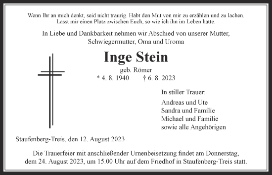 Traueranzeige von Inge Stein von Giessener Allgemeine, Alsfelder Allgemeine