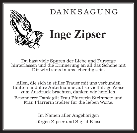 Traueranzeige von Inge Zipser von Usinger Anzeiger