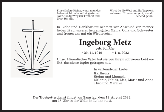 Traueranzeige von Ingeborg Metz von Giessener Allgemeine, Alsfelder Allgemeine