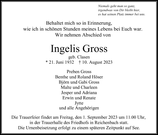 Traueranzeige von Ingelis Gross von Usinger Anzeiger