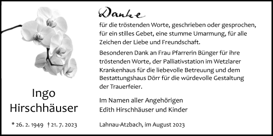 Traueranzeige von Ingo Hirschhäuser von Giessener Anzeiger