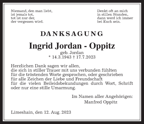 Traueranzeige von Ingrid Jordan-Oppitz von Kreis-Anzeiger