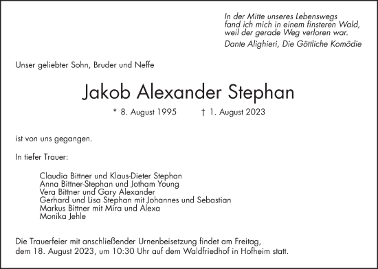 Traueranzeige von Jakob Alexander Stephan 