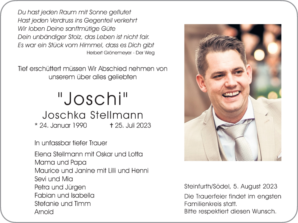  Traueranzeige für Joschka Stellmann vom 05.08.2023 aus Wetterauer Zeitung