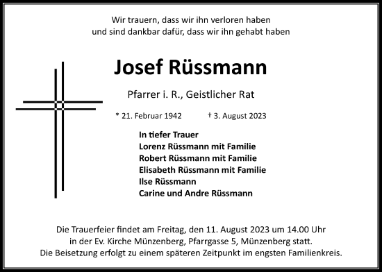 Traueranzeige von Josef Rüssmann von Wetterauer Zeitung