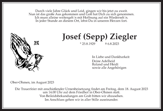 Traueranzeige von Josef Ziegler von Alsfelder Allgemeine, Mücker Stimme