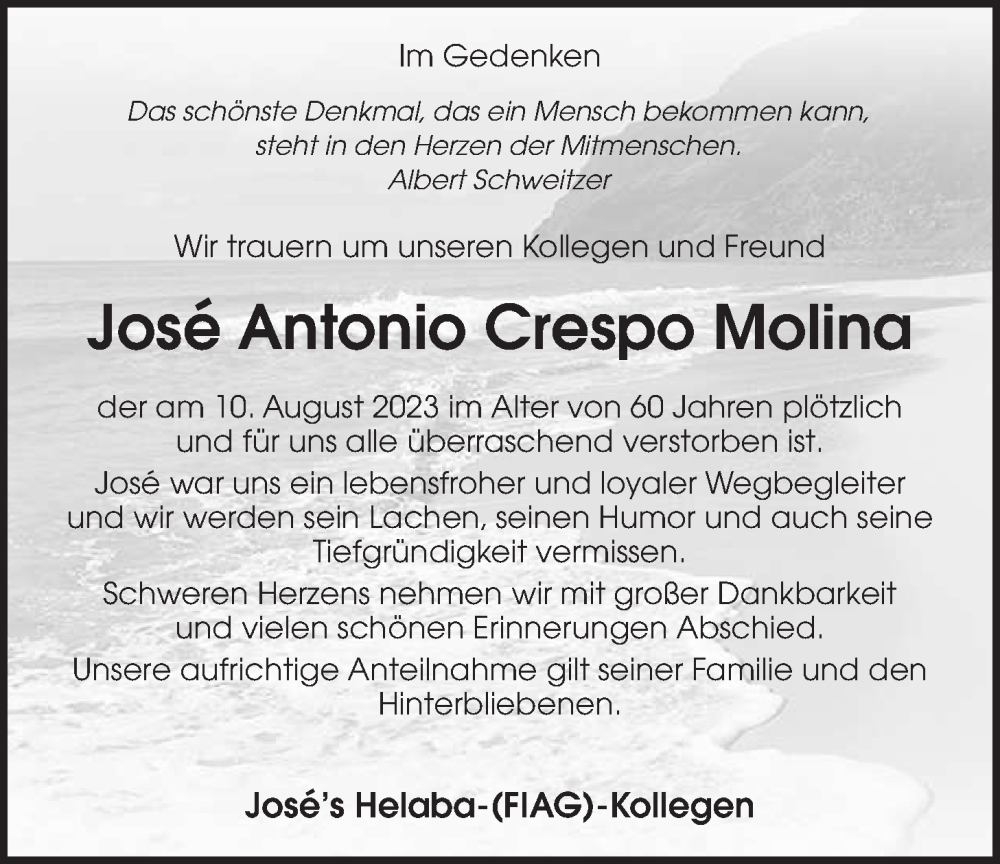 Traueranzeige für José Antonio Crespo Molina vom 19.08.2023 aus Giessener Allgemeine, Alsfelder Allgemeine