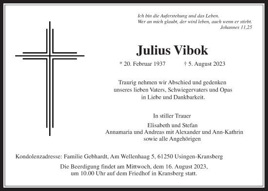 Traueranzeige von Julius Vibok von Usinger Anzeiger