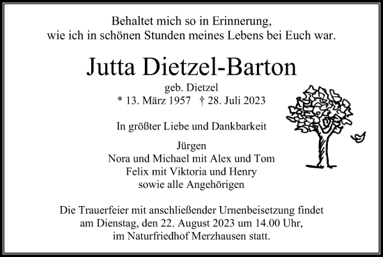 Traueranzeige von Jutta Dietzel-Barton von Usinger Anzeiger