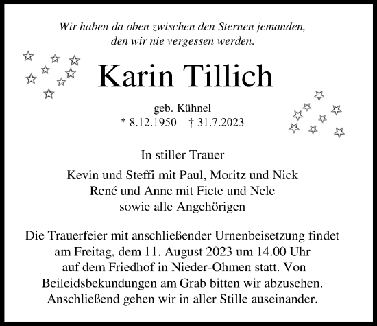 Traueranzeige von Karin Tillich von Alsfelder Allgemeine