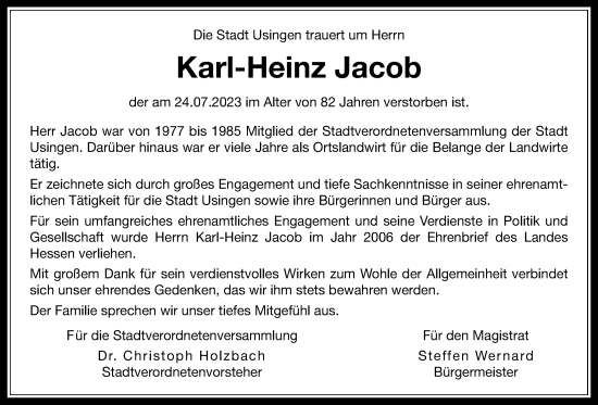 Traueranzeige von Karl-Heinz Jacob von Usinger Anzeiger