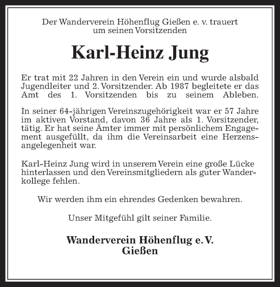 Traueranzeige von Karl-Heinz Jung von Giessener Allgemeine, Alsfelder Allgemeine, Giessener Anzeiger