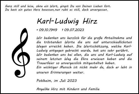 Traueranzeige von Karl-Ludwig Hirz von Pohlheimer Nachrichten