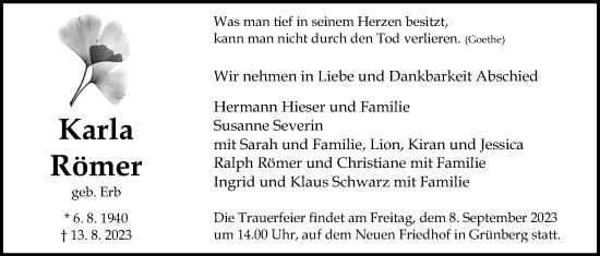 Traueranzeige von Karla Römer von Giessener Allgemeine, Alsfelder Allgemeine