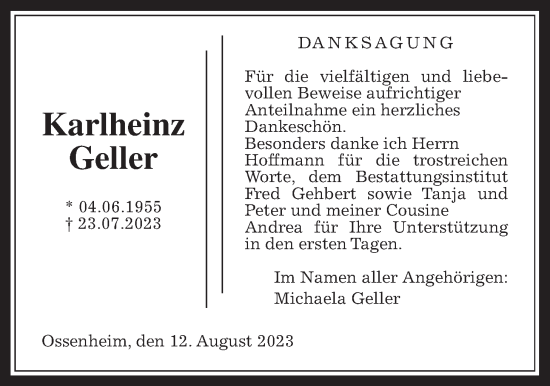 Traueranzeige von Karlheinz Geller von Wetterauer Zeitung