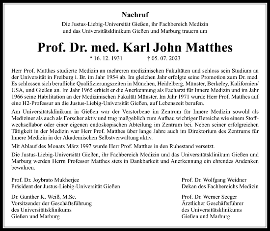 Traueranzeige von Karl John Matthes von Giessener Allgemeine, Alsfelder Allgemeine, Giessener Anzeiger