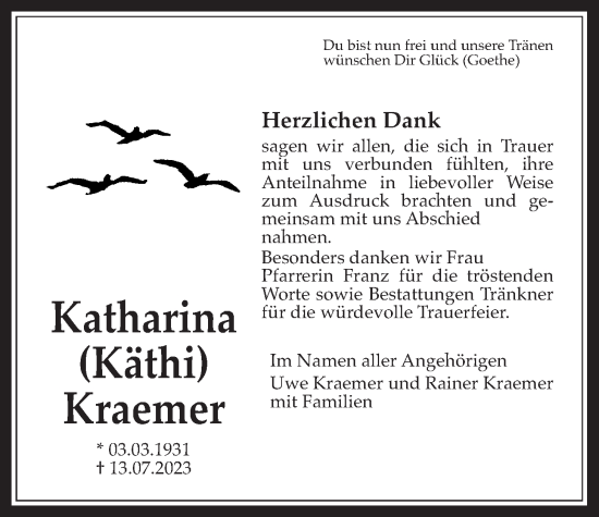 Traueranzeige von Katharina Kraemer von Giessener Allgemeine, Alsfelder Allgemeine, Giessener Anzeiger